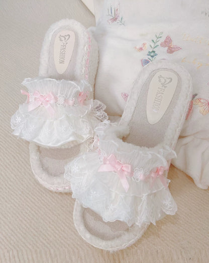 Pinky Sweet Winter White Plush Thick Soles Sandals Slippers Shoes