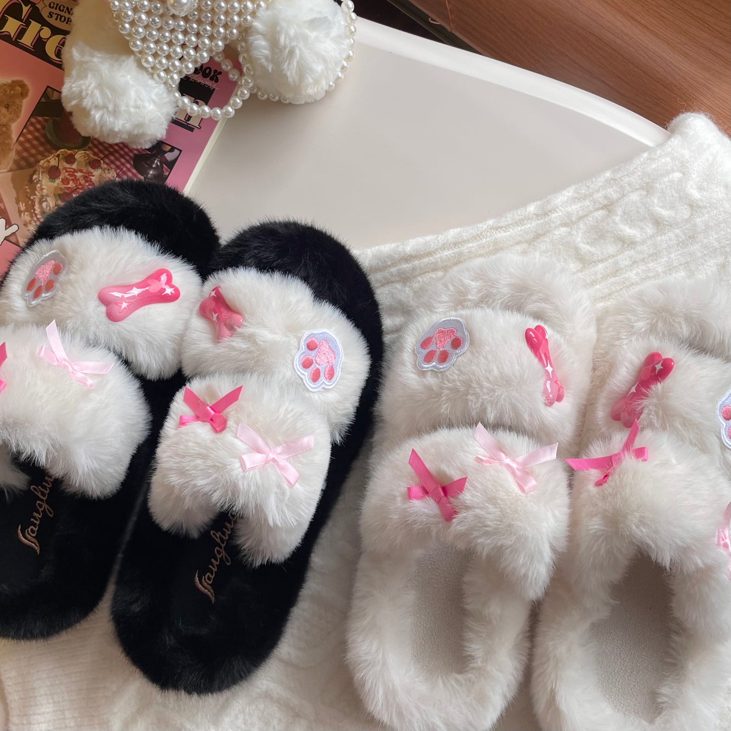 Plush Fluff Dog Paw Bow Furry Winter Shoes Slippers