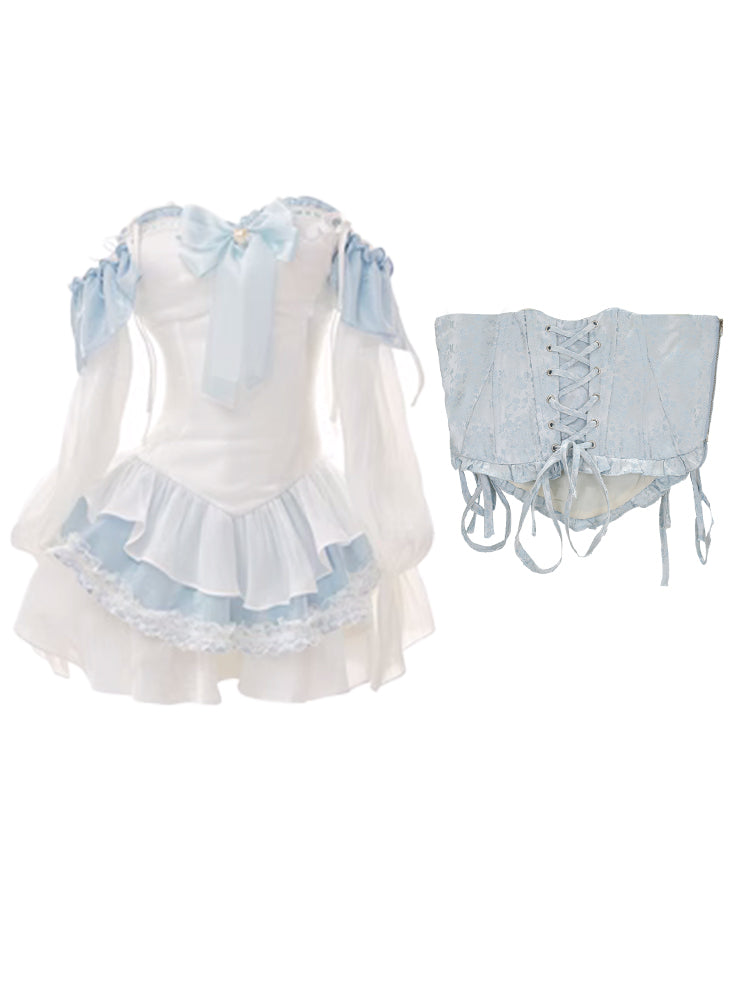 Serendipity Sweet Coquette Princess Blue & White Dress Long Sleeves Girdle Two Piece Set