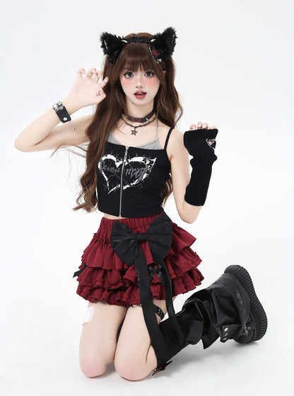 Crazy Girl Bow Of Freedom Pink Black Red Purple Cream Elastic Waist Ruffle Skirt