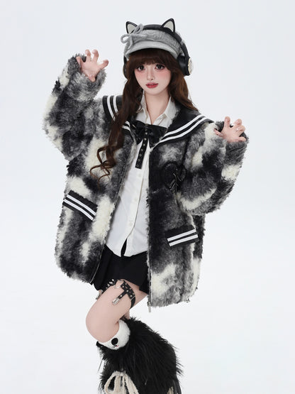 Crazy Girl Black & White Sailor Collar Fleece Plush Jacket