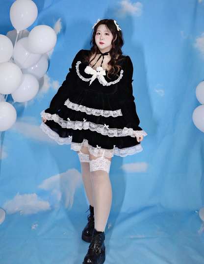 Plus Size Black & White Gothic EGL Winter Plush Velvet Long Sleeve Top & Mini Skirt Dress Two Piece Set