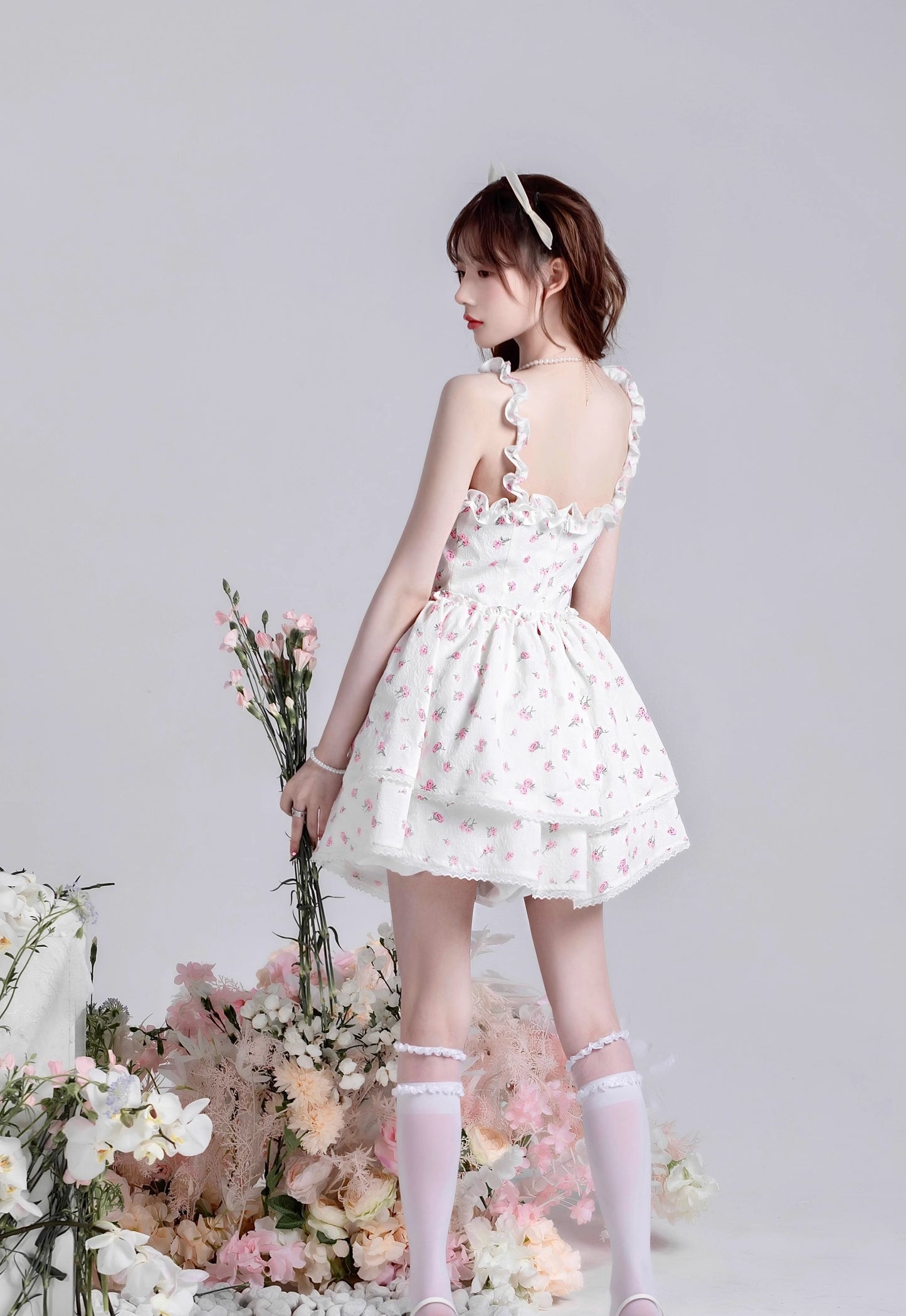 Monet Rose Fairy Floral White Strap Dress