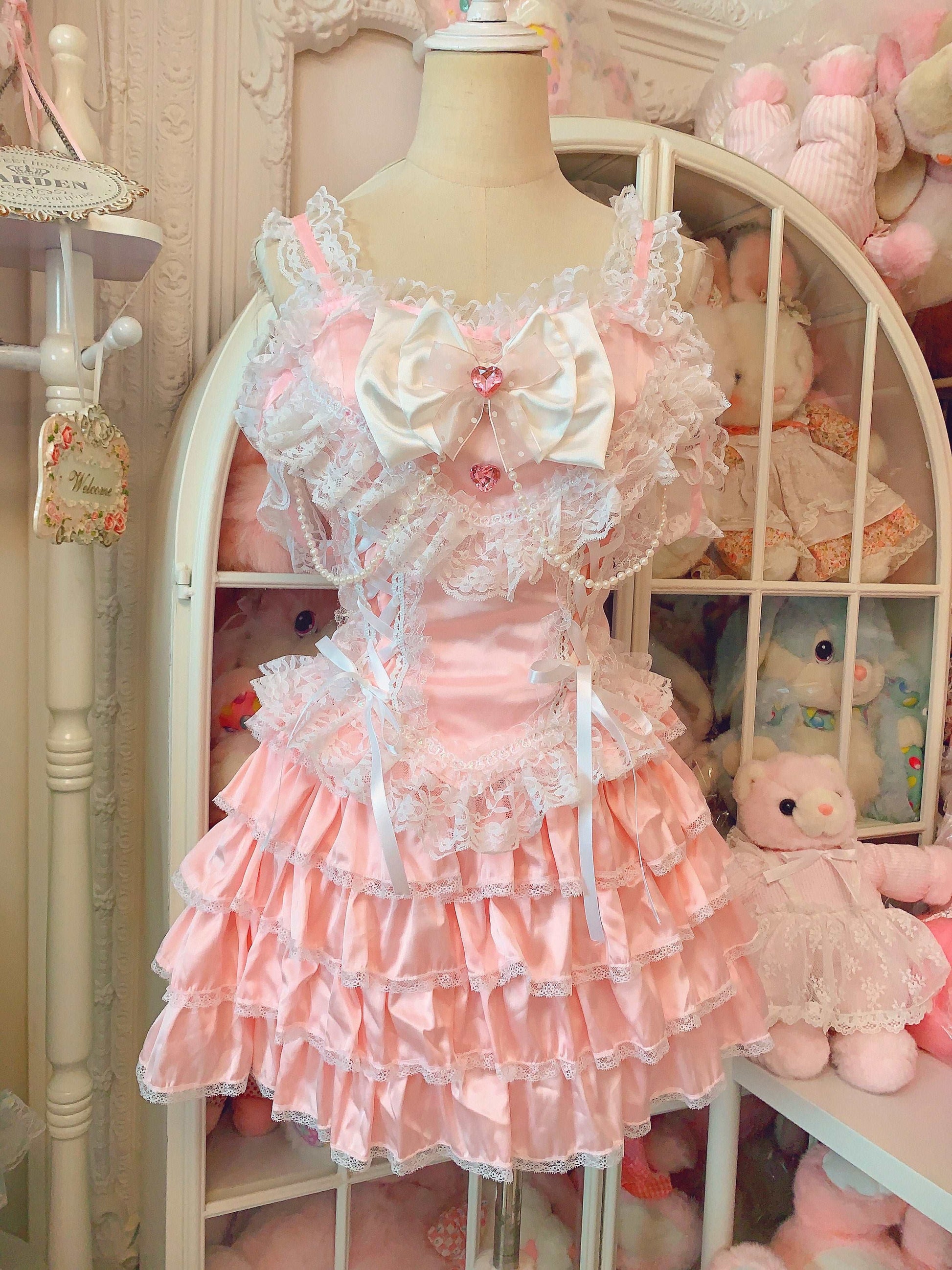 Candy Fairy Little Princess Cute Pink Lace Camisole Top & Cake Ruffled Skirt Two Piece Set