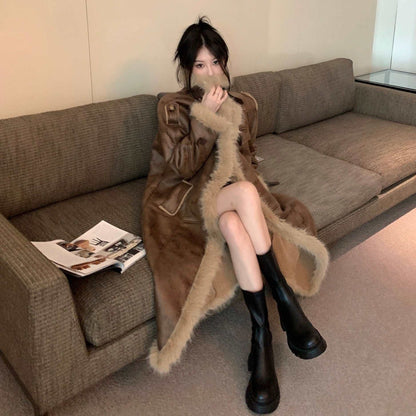 Brown Winter Velvet Faux Fur Collar Mid-length Long Woolen Coat