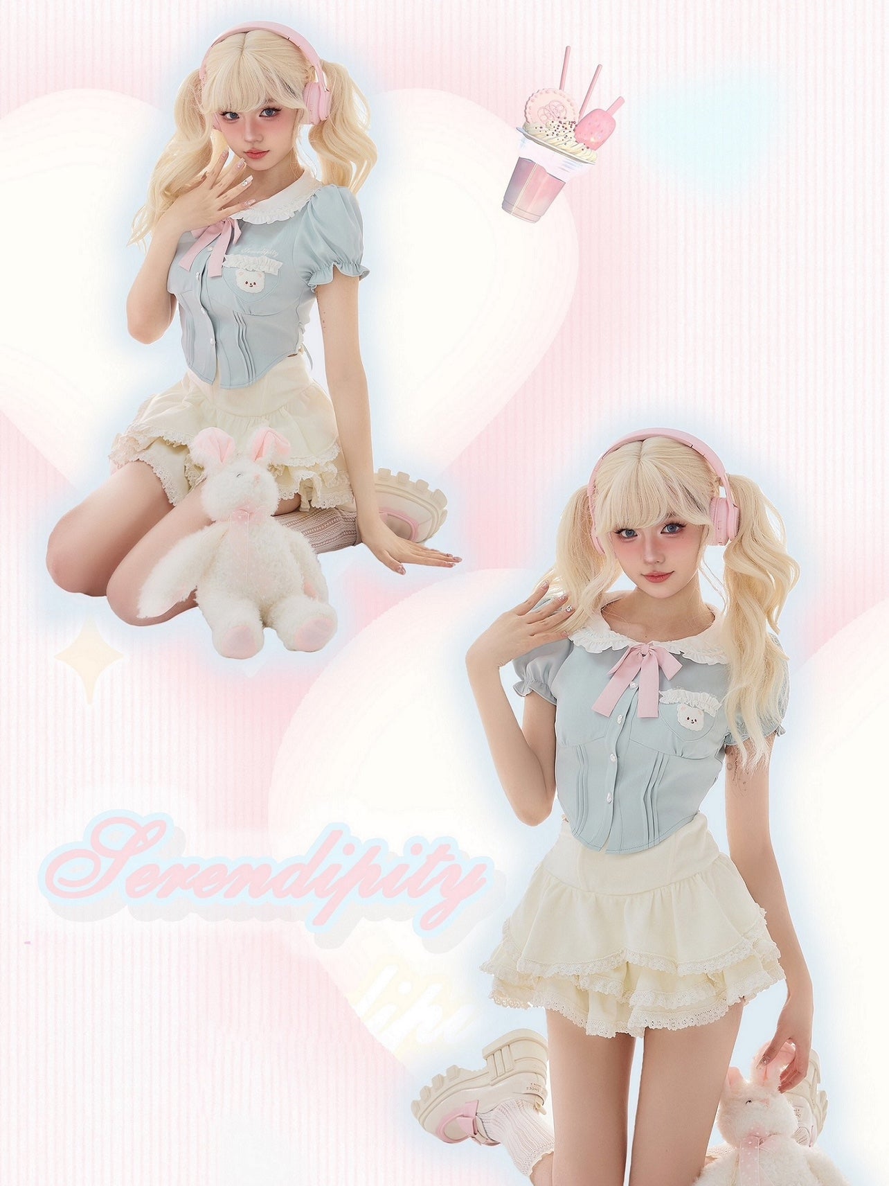 Serendipity Coquette White Doll Collar Bear Blue Puff Sleeve Shirt & White Ruffled Suspender Mini Skirt Two Piece Set