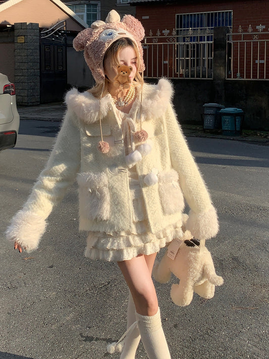 Picnic Girl Winter Sweet Pom Pom White Elf Wool Fur Coat