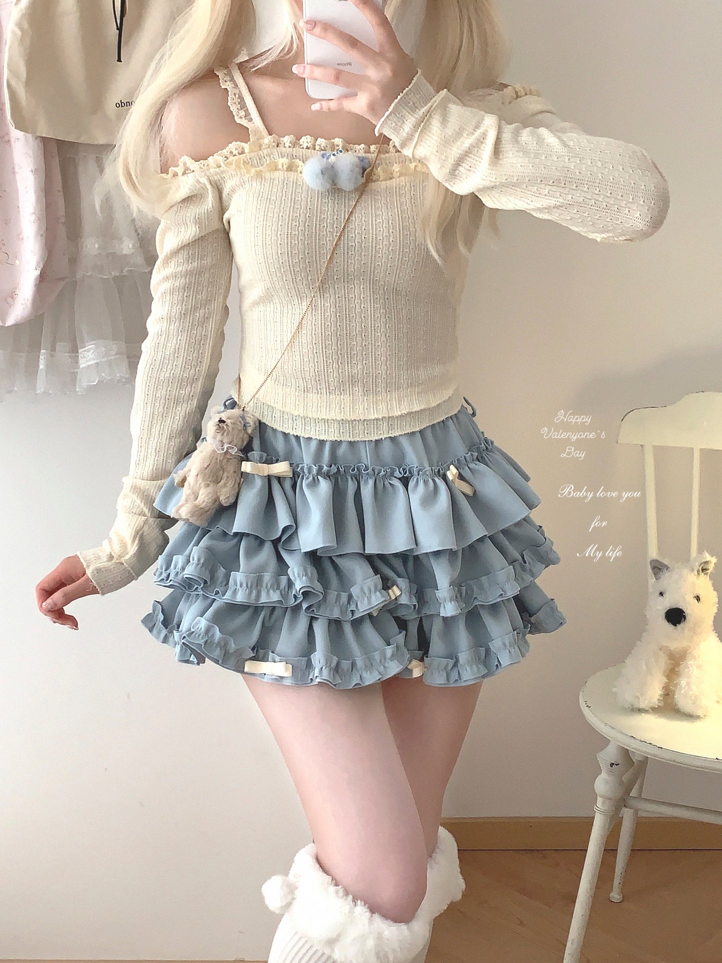 Dormir Doll Pompom Fur Balls Coquette Lace Sweater Cream Black Shirt Top