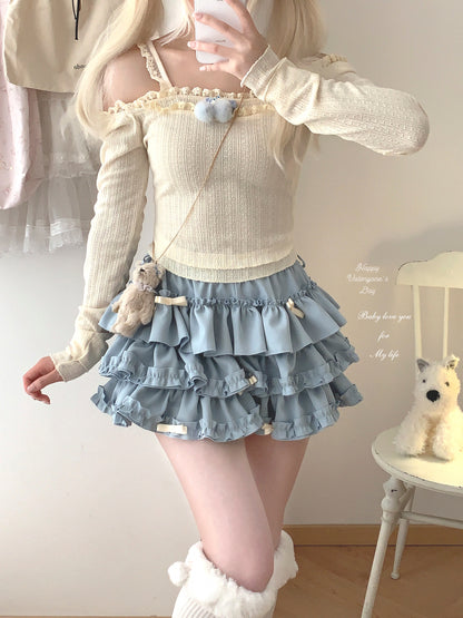 Dormir Doll Pompom Fur Balls Coquette Lace Sweater Cream Black Shirt Top