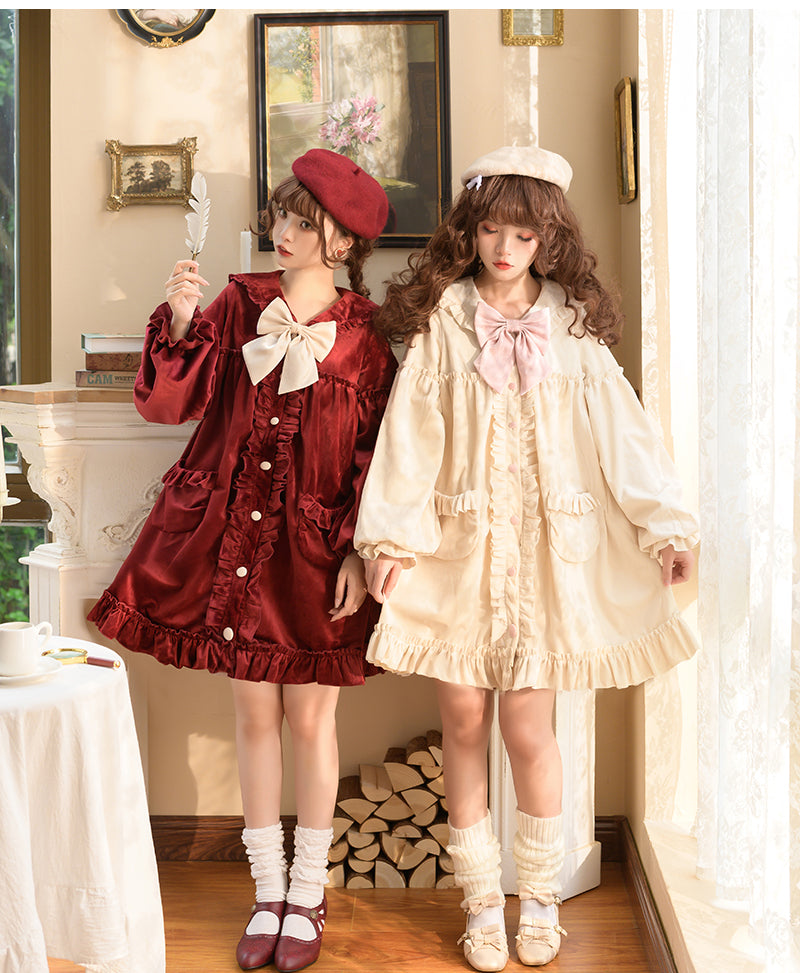 Winter Autumn Soft Cute Sweet Lace White & Scarlet Red Coat