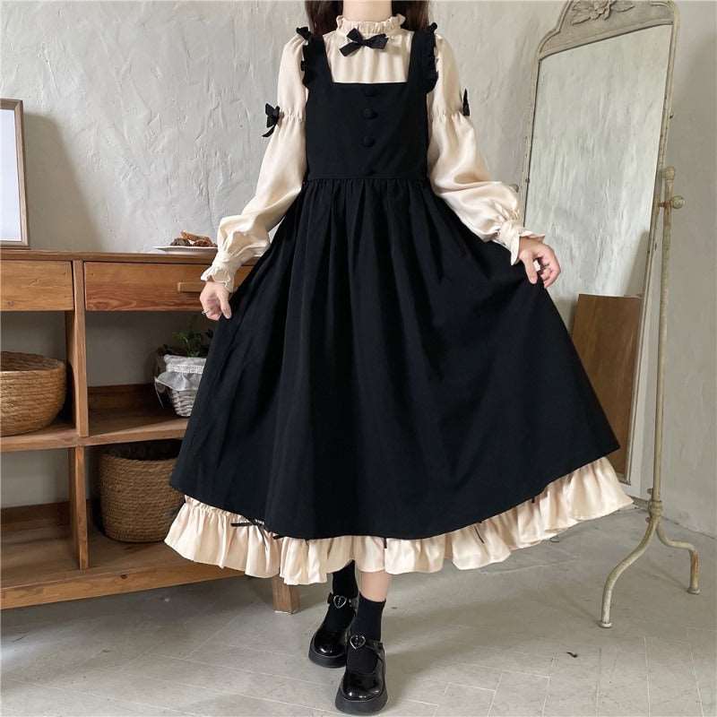 Autumn Mori Girl Bow Black Cream Beige Dress Suspender Skirt Two Piece Set