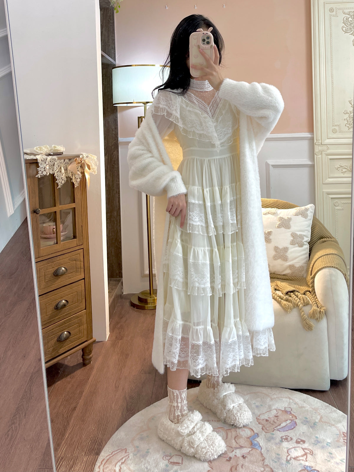 Ruellia Fall Fairy White Lace Mesh Long Sleeve Ruffled Layared Cake Dress