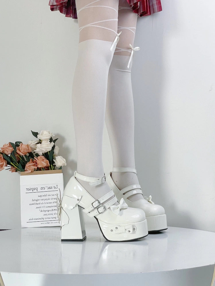 Moe Heart Butterfly Bow Buckle Strap Black White Pink Hot Pink Lolita Platform High Heels Shoes