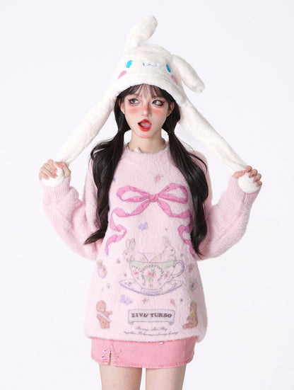 Young Eyes Soft Pink White Rabbit Bunny Teddy Bear Teacup Bow Print Sweater