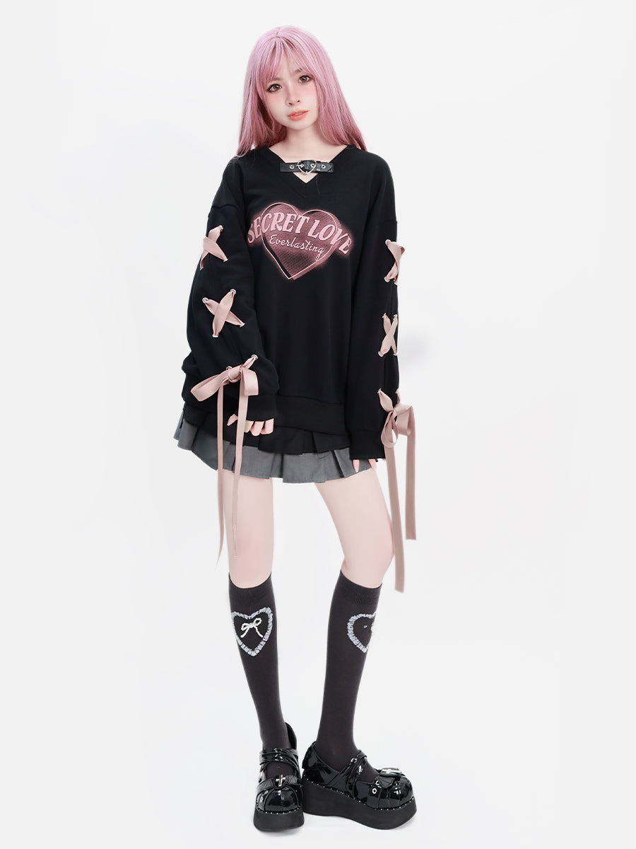 V-Neck Ribbon Secret Love Autumn Black Sweatshirt