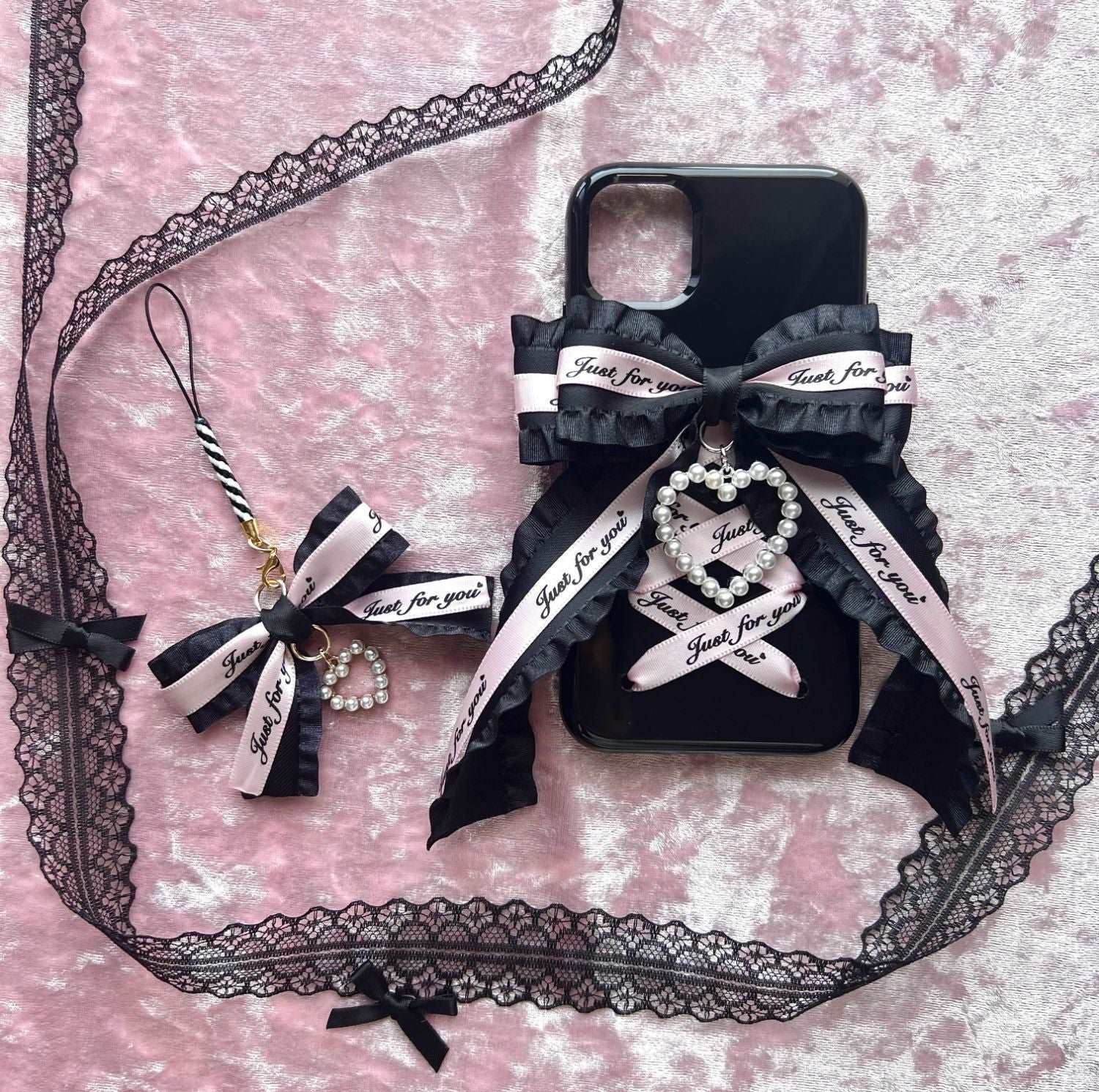 Candy Bunny Sweet Coquette Heart Bow Black Pink Phone Case Charm Strap Chain