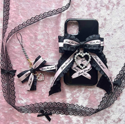 Candy Bunny Sweet Coquette Heart Bow Black Pink Phone Case Charm Strap Chain