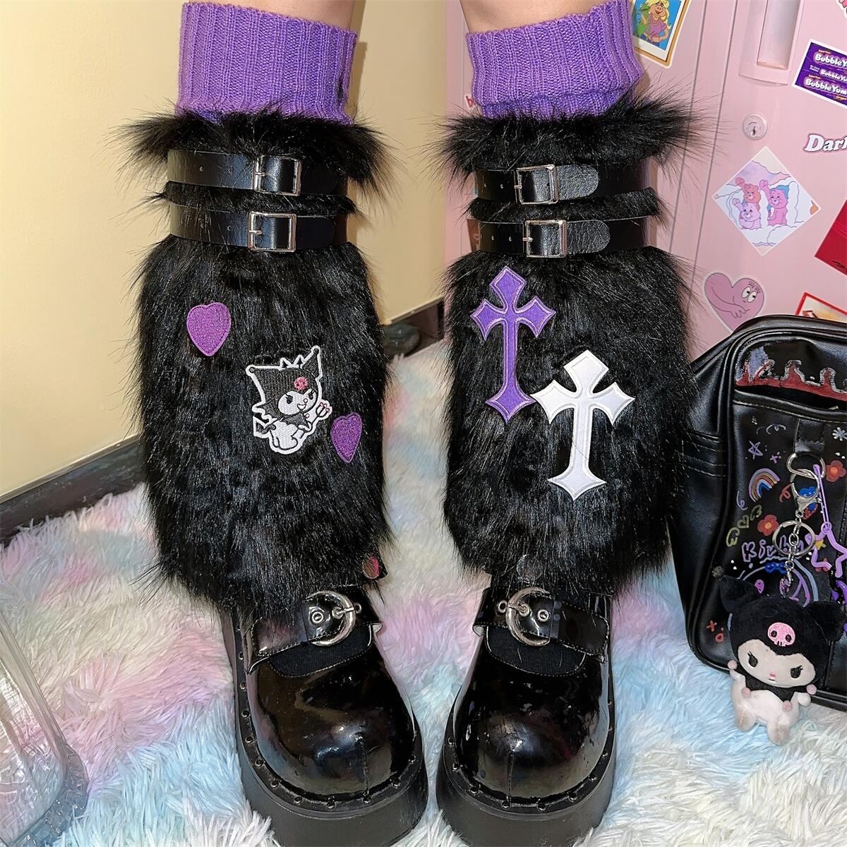 Y2K Kitty Purple Devil Harajuku Cartoon Fuzzy Leg Garter Belt Leg Warmer