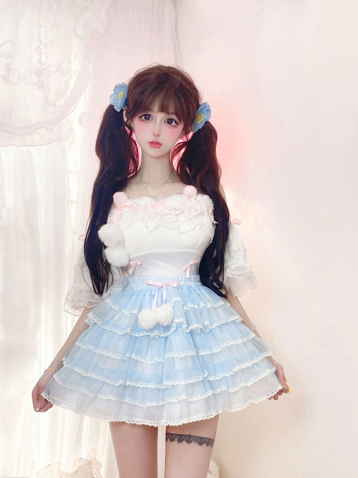 Candy Fairy Sweet White Camisole Top & Blue Ruffle Skirt Two Piece Set