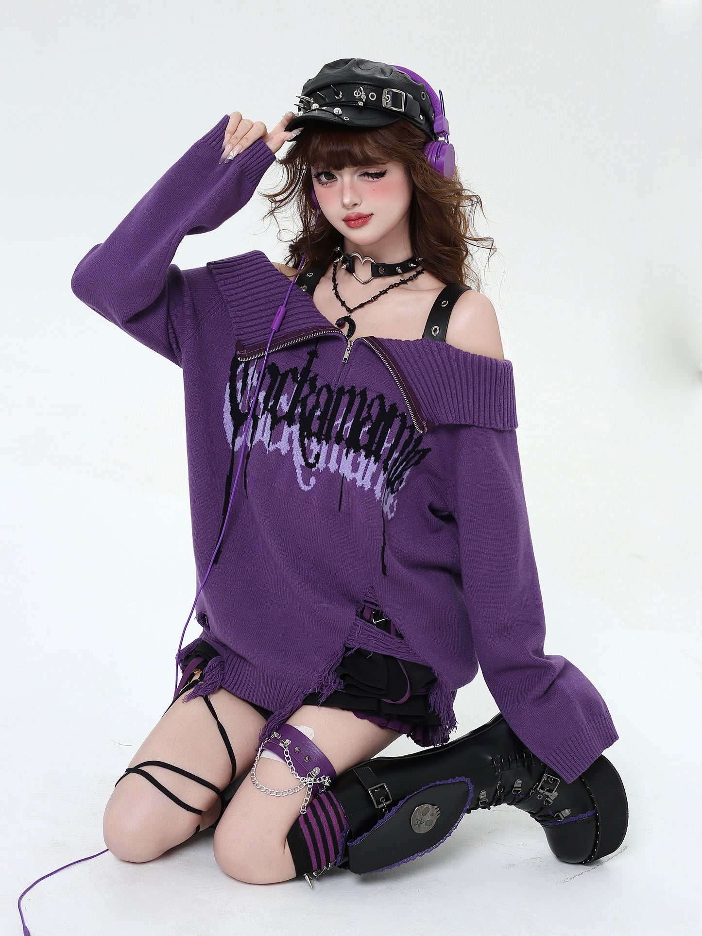 Crazy Girl Gothic Fragments Purple Black Off Shoulder Sweater