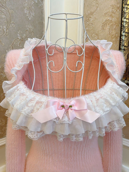 Sweetheart Princess Winter Elegant Lace Rose Bow Fuzzy Knit Pink & Blue Sweater Top