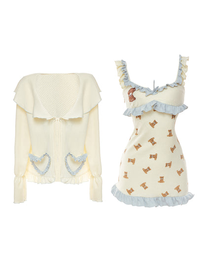 Serendipity Good Night Teddy Bear Cream Blue Strap Dress & Cardigan Pajamas Two Piece Set