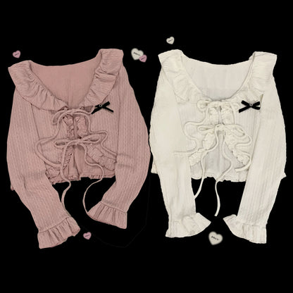 Kitten Bullet Salty Cream Bow Pink & White Knit Cardigan