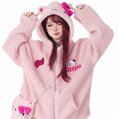 Young Eyes Cute Kitty Cat Pink Black White Y2K Plush Oversize Hoodie Jacket