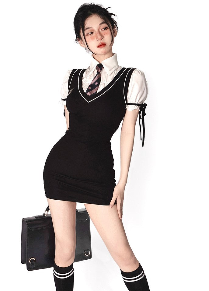 Young Eyes Preppy College School Girl Academia Black & White Shirt Dress Two Piece Set