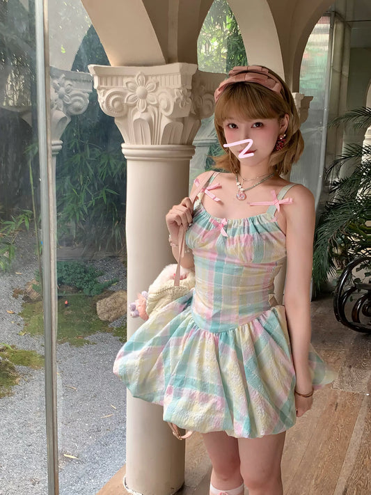 Picnic Girl Rainbow Dessert Plaid Strap Dress