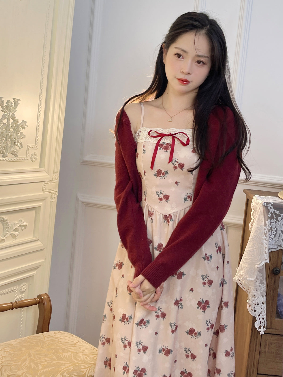 Ruellia Rose Floral White Strap Dress Pink Red Cardigan Two Piece Set