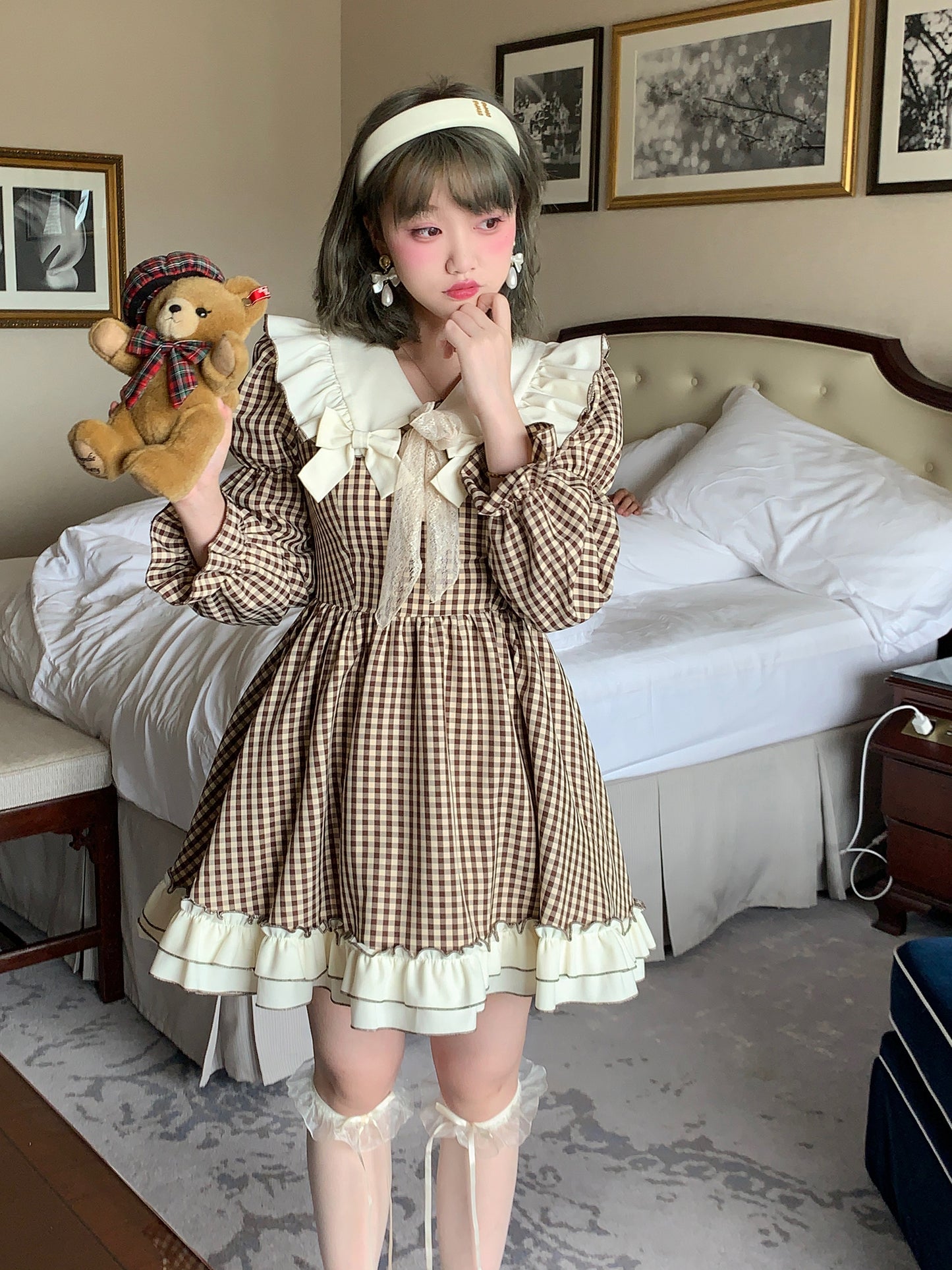 Picnic Girl Fall Brown Plaid Sailor Collar Academia Long Sleeve Ruffled Dress