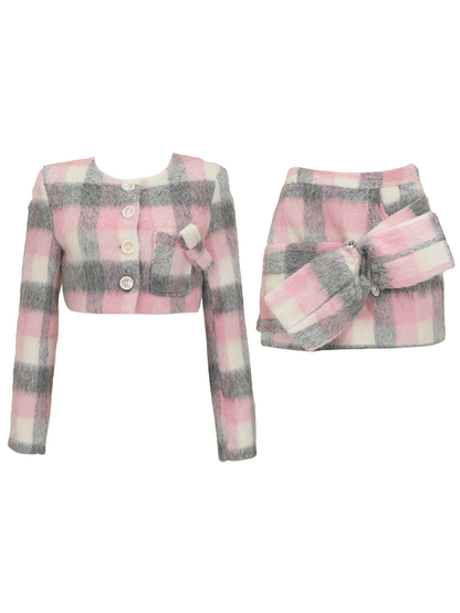 Lucia Winter Gray Pink Plaid Woolen Jacket Top & Scarf & Mini Skirt Three Piece Set