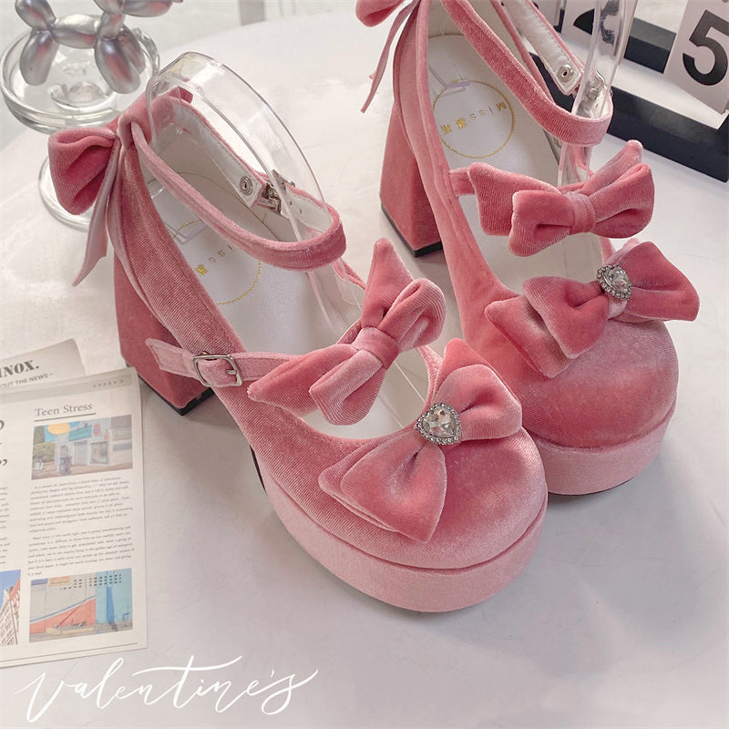 EGL Sweet Velvet Fairy Bow Mary Jane High Heels Shoes