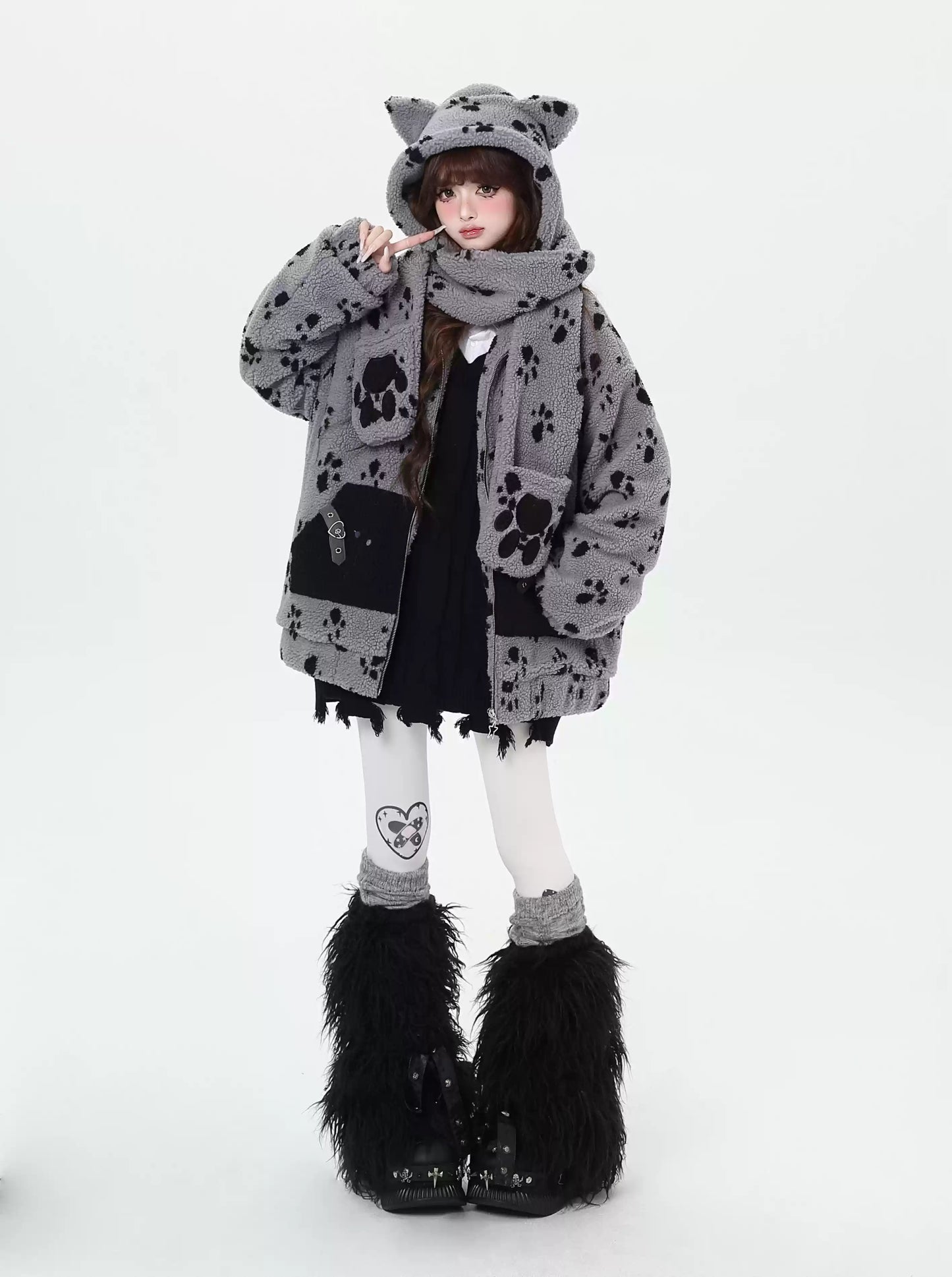 Crazy Girl Bionic Kitten Paw Print Gray Cream Plush Jacket Scarf Hat Three Piece Set