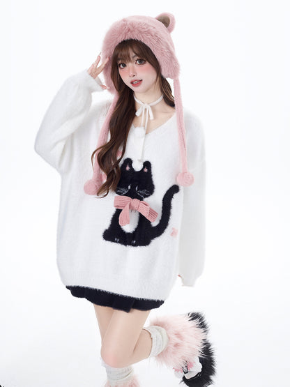 Crazy Girl Lazy Kitten Fuzzy White Red Sweater Top