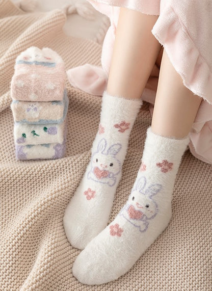 Faux Mink Velvet Cute Rabbit Pastel Winter Socks 5 Patterns Pairs Sets