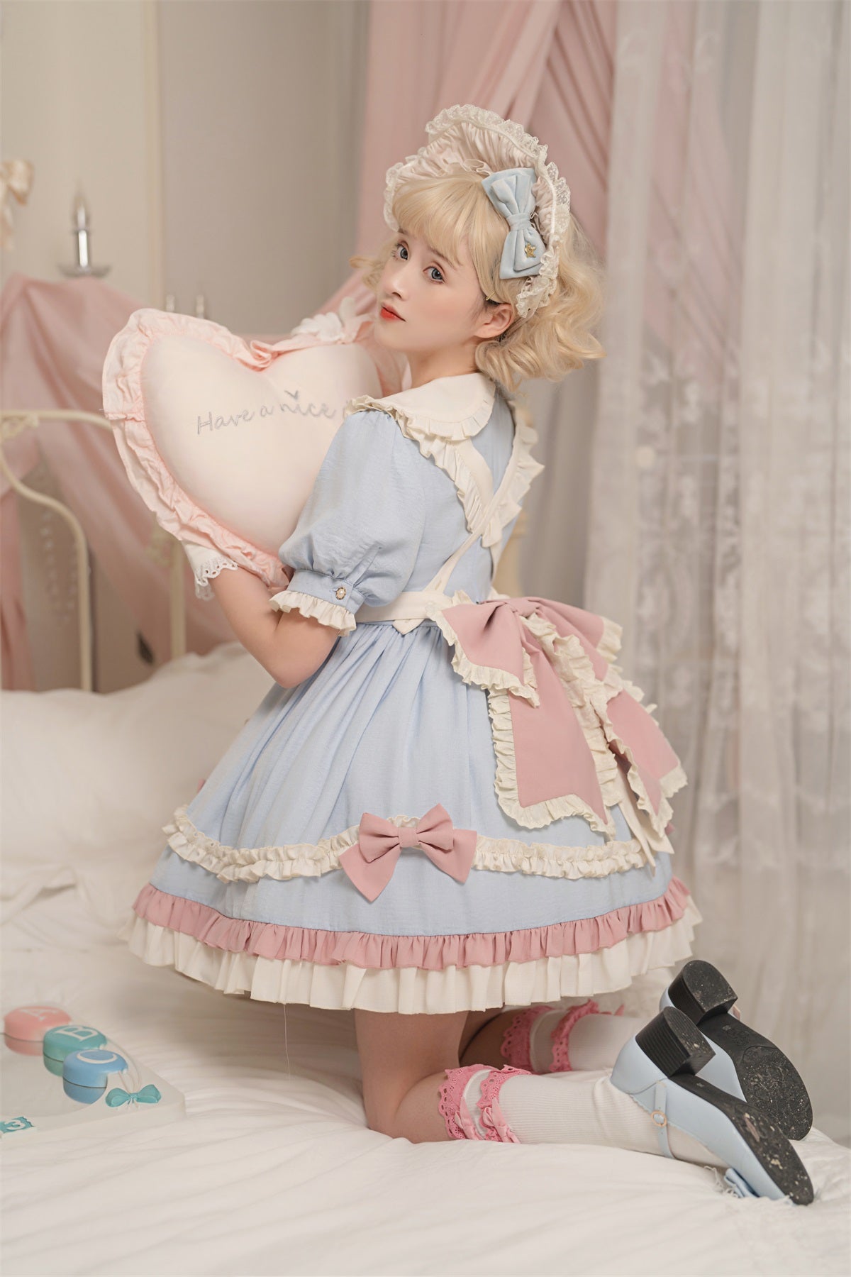 Lolita Pastel Blue Pink Maid Apron Puff Sleeve Princess Dress