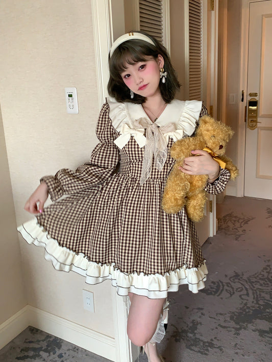 Picnic Girl Fall Brown Plaid Sailor Collar Academia Long Sleeve Ruffled Dress