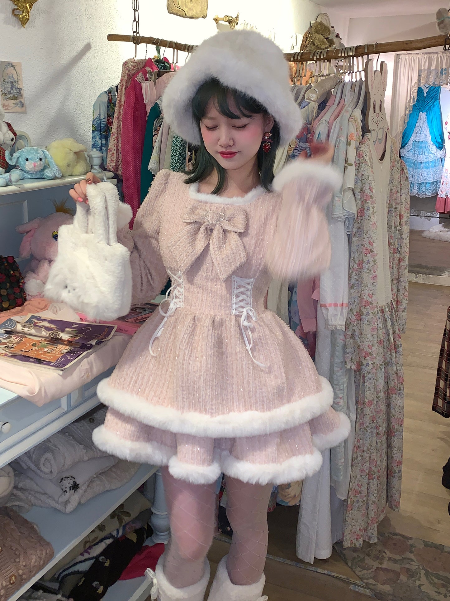 Picnic Girl Winter Sweet Light Pink Tweed Fur Ruffled Dress