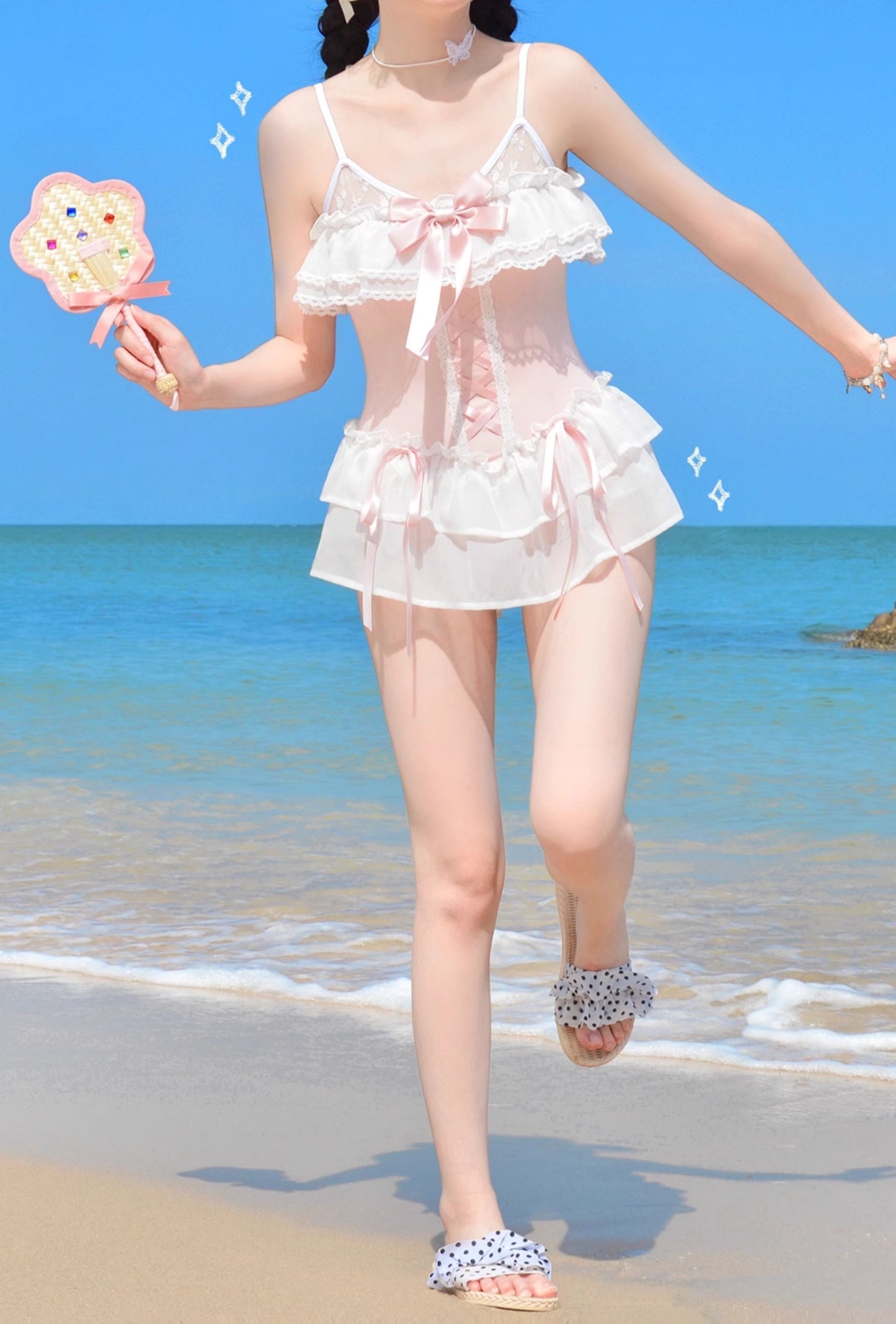 Satin Waltz Pink White Onepiece Swimsuit