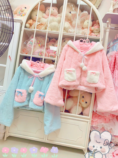 Candy Fairy Rabbit Ears Pastel Pink Blue Pompom Winter Hooded Jacket