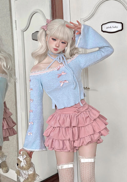 Serendipity Coquette Sweet Bow Blue Sweater & Pink Ruffled Skirt Two Piece Set