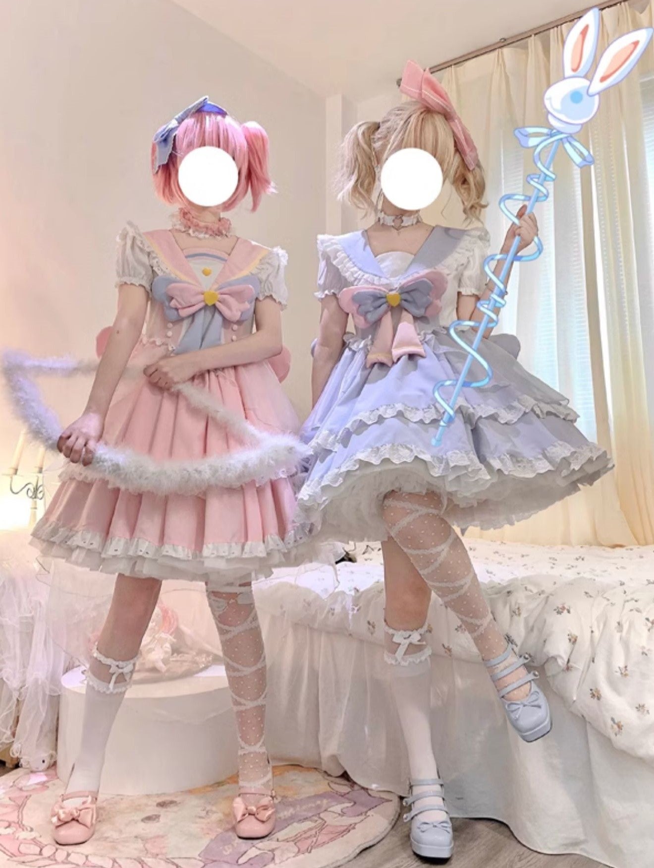 Starlight Sweetheart Magical Girl Anime Pink & Blue Star Sailor Collar Ruffled Lolita Dress