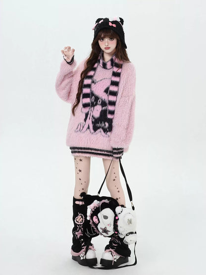 Crazy Girl Cat Witch Black Pink Striped Fuzzy Sweater Scarf