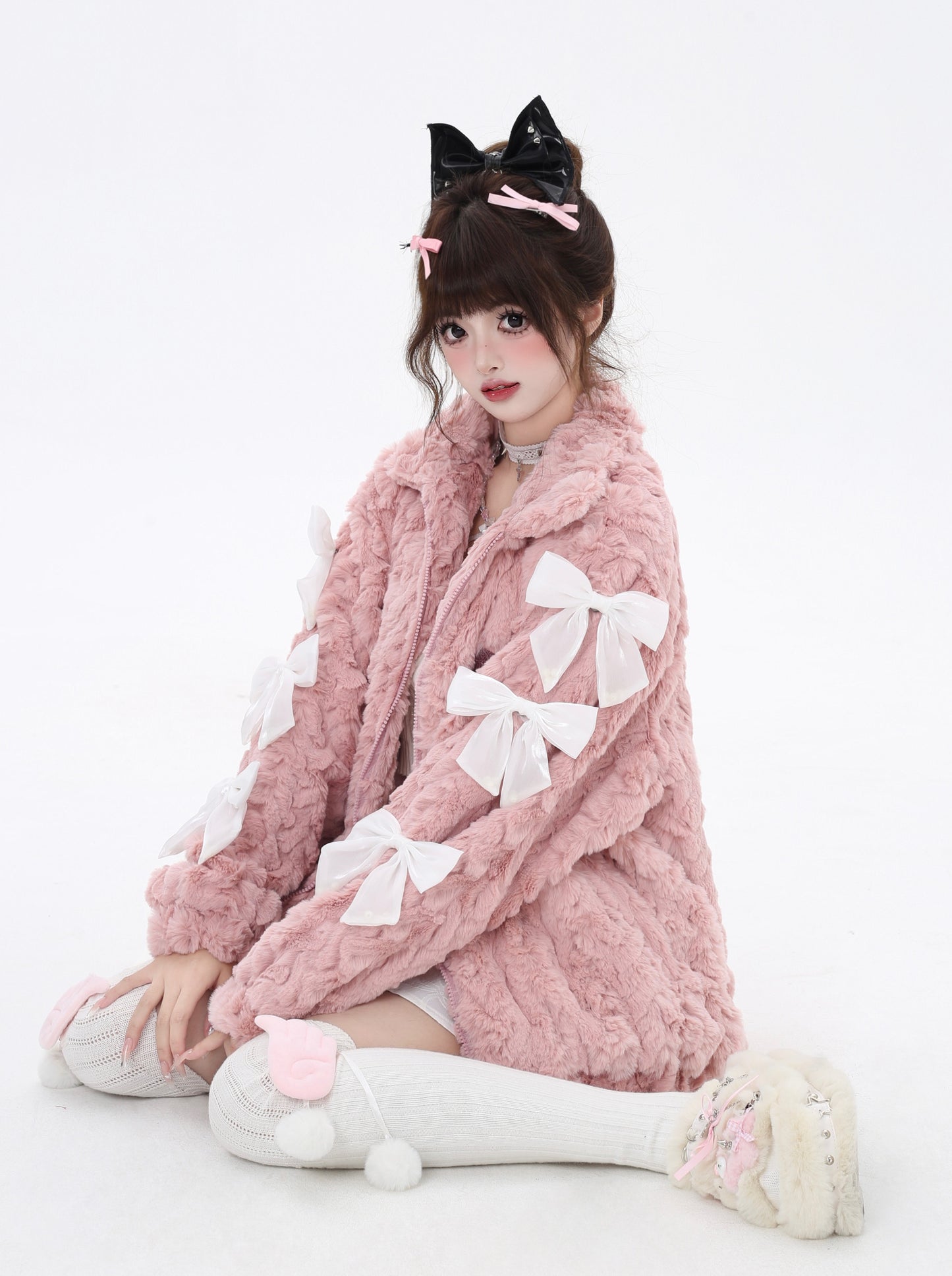 Crazy Girl Triples Bow Fleece Pink White Plush Jacket