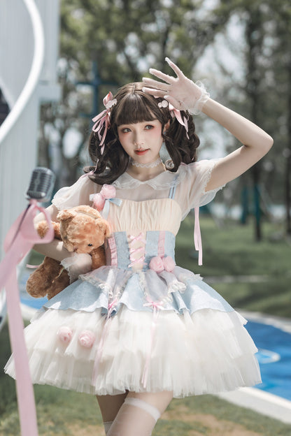 Lolita Rose Peach Blue Ruffled Princess Strap Dress