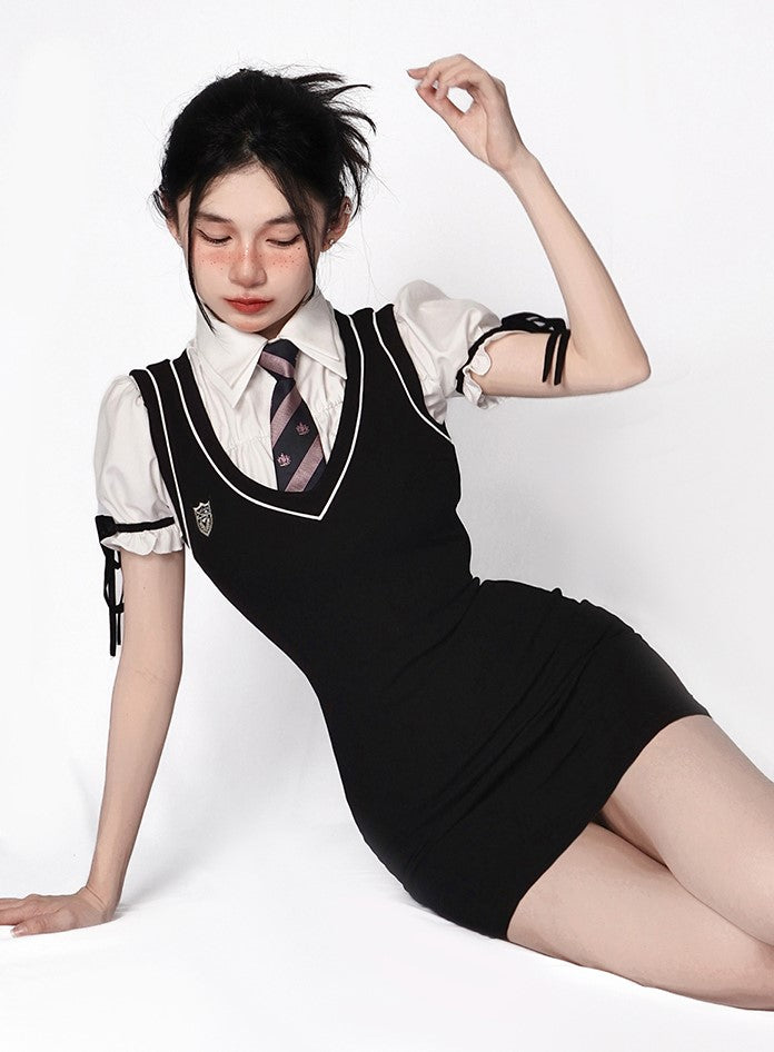 Young Eyes Preppy College School Girl Academia Black & White Shirt Dress Two Piece Set