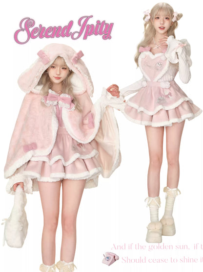 Serendipity Strawberry Dessert White Top & Pink Suspender Dress & Rabbit Ears Cape Three Piece Set