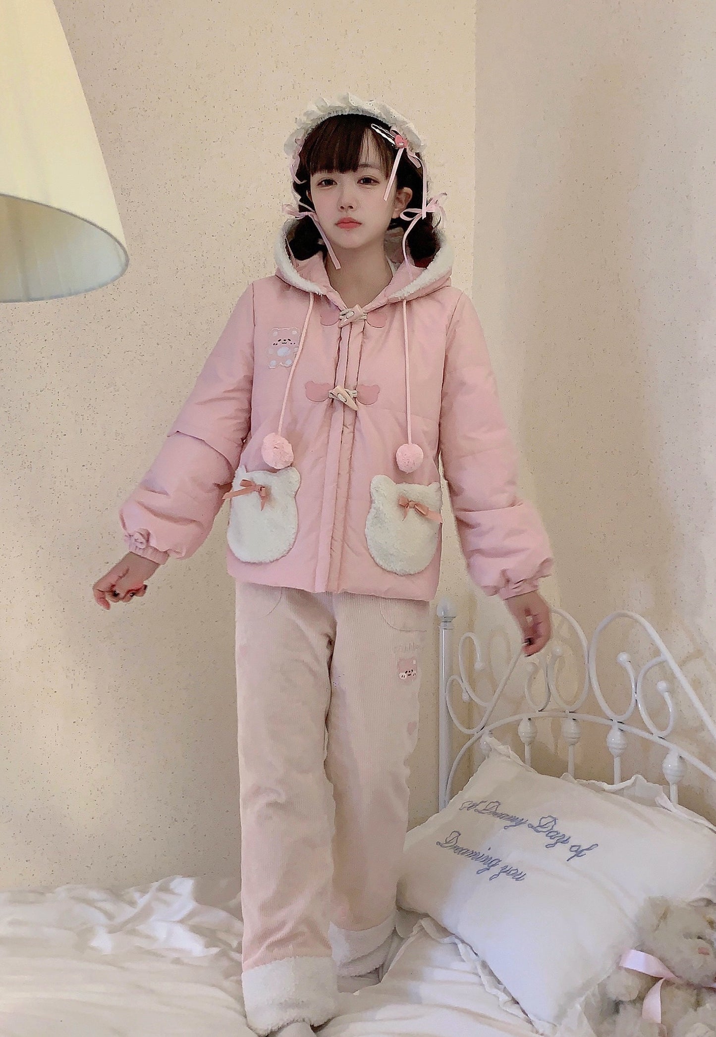 EGL Cute Bear Cream Pink Bear Winter Jacket